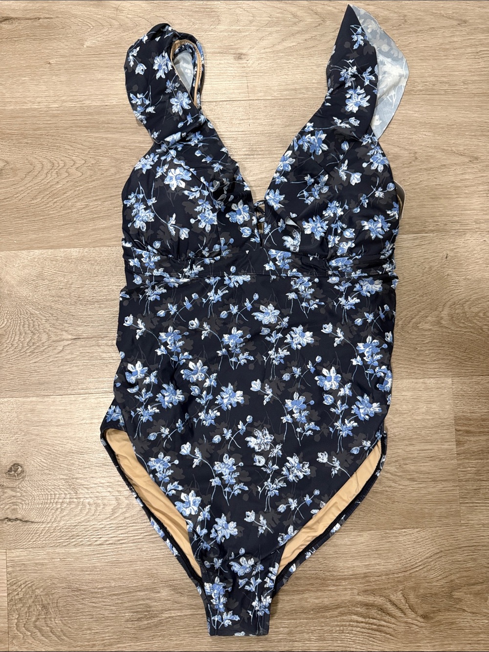 A Pea in the Pod Maternity Black Floral One-Piece Swimsuit with Blue Flowers Med